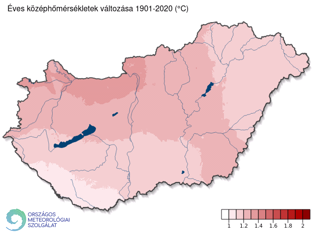 Középhőmérsékletek változásának térbeli eloszlása 1901-2020