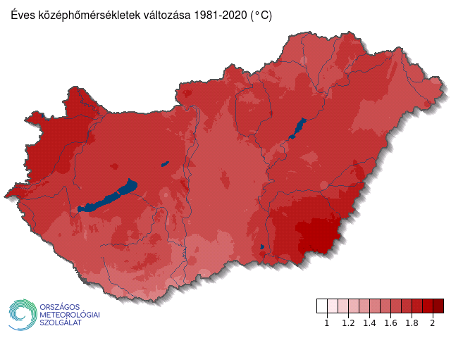Középhőmérsékletek változásának térbeli eloszlása 1981-2020