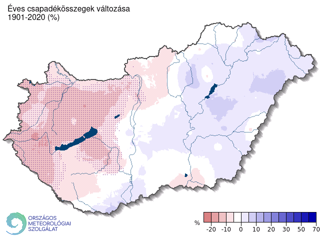 Az éves csapadékösszeg változásának területi eloszlása 1901-2020