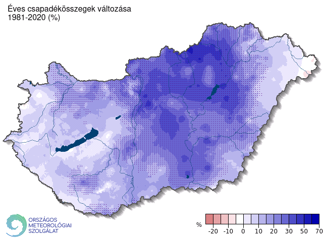 Az éves csapadékösszeg változásának területi eloszlása 1981-2020