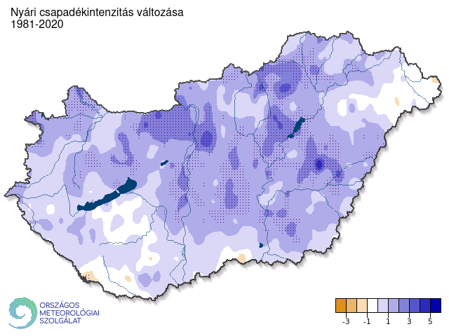 Az 1981–2020 időszakban megfigyelt nyári csapadékintenzitás-változás